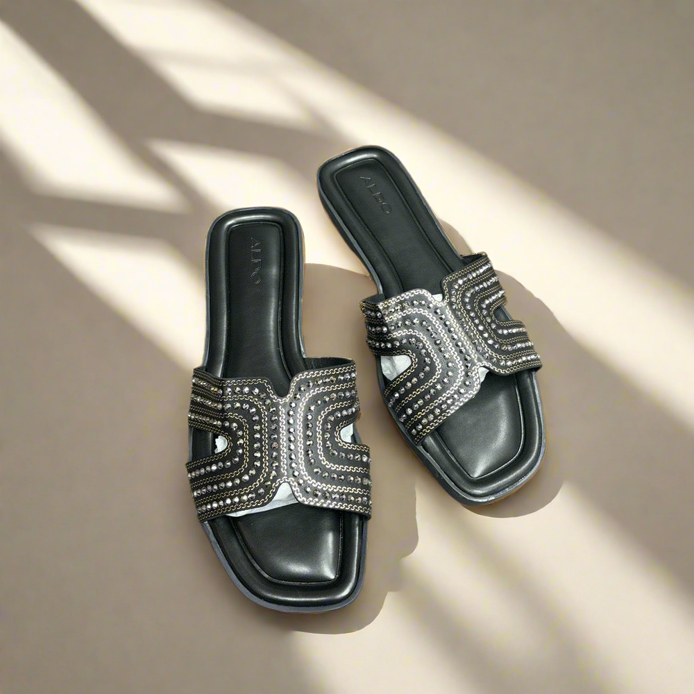 STRAPS RHINESTONE SLIPPERS(BLACK)