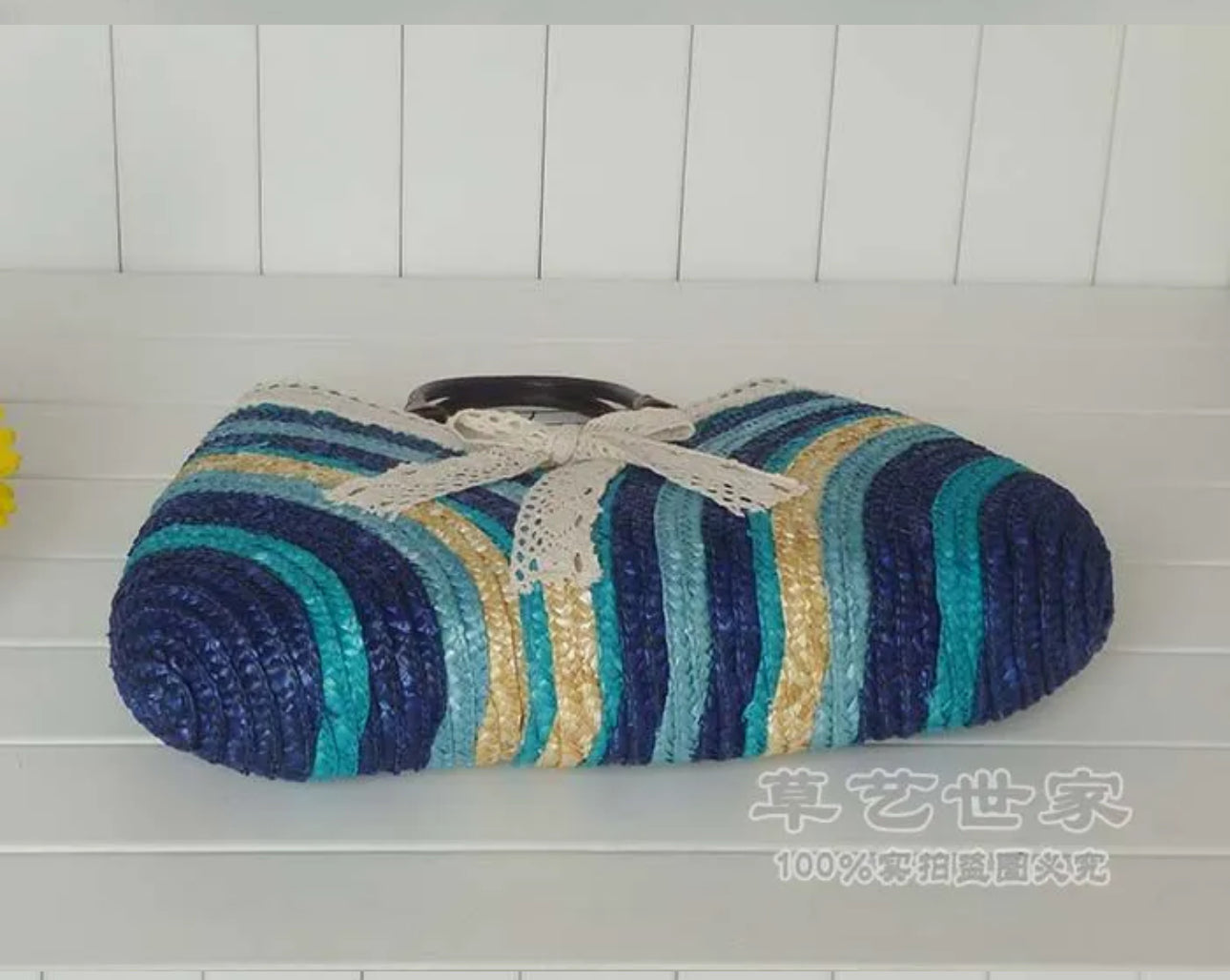 BOWTIE WOVEN STRAW BAG(BLUE)