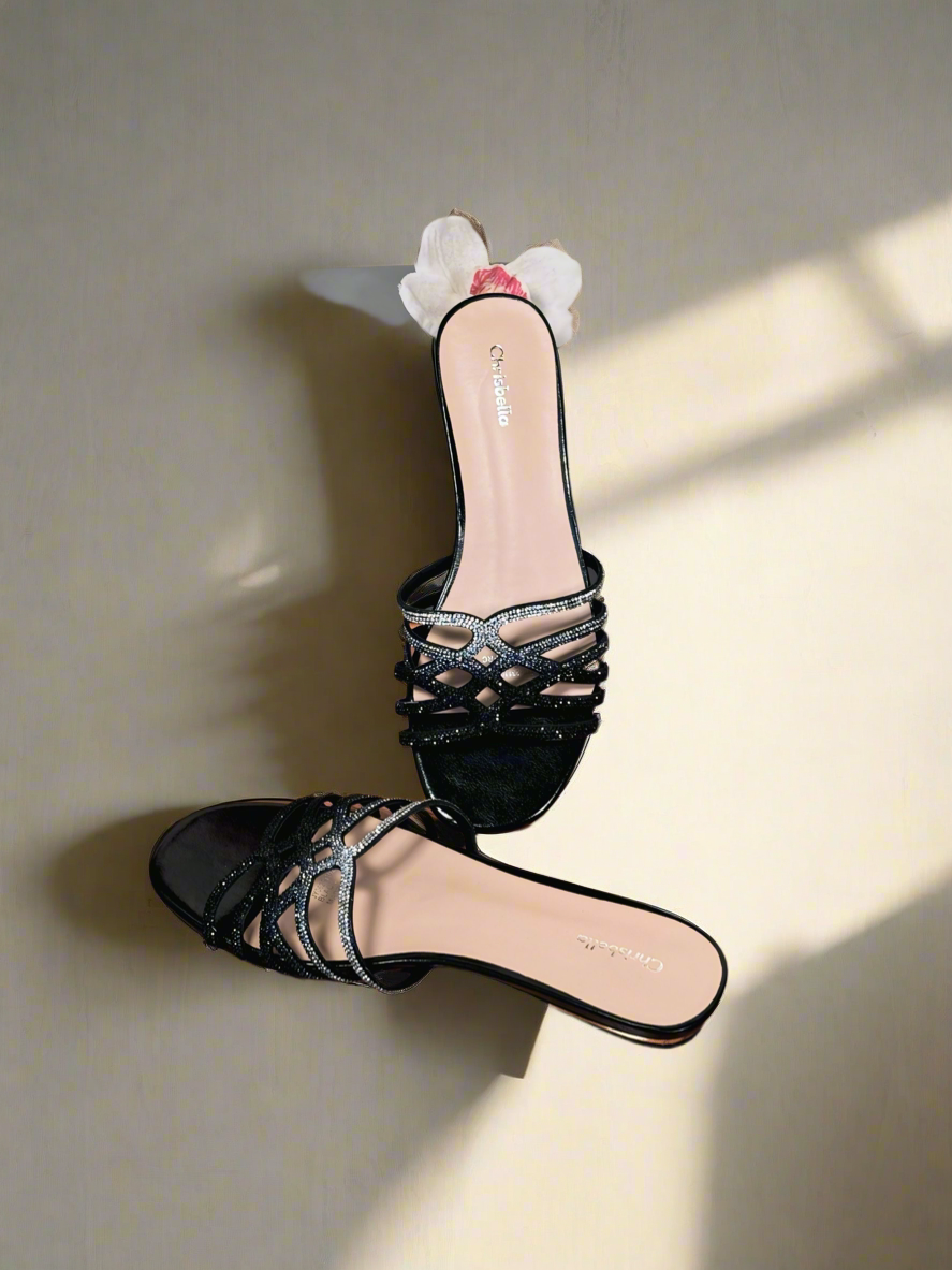 CHRISTBELLA OMBRÉ RHINESTONE SLIPPERS(SILVER-BLACK)