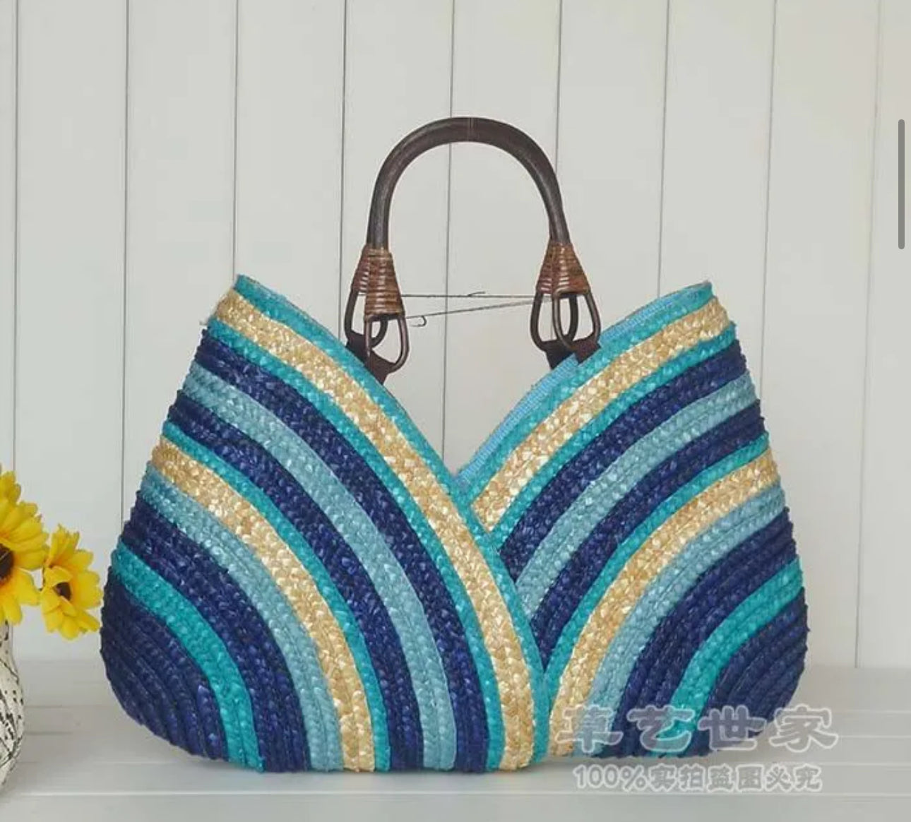 BOWTIE WOVEN STRAW BAG(BLUE)