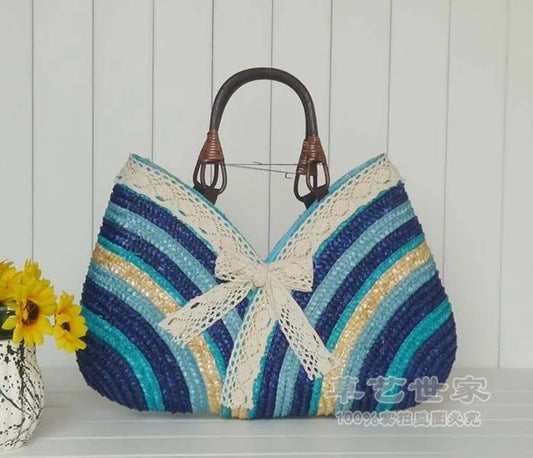 BOWTIE WOVEN STRAW BAG(BLUE)