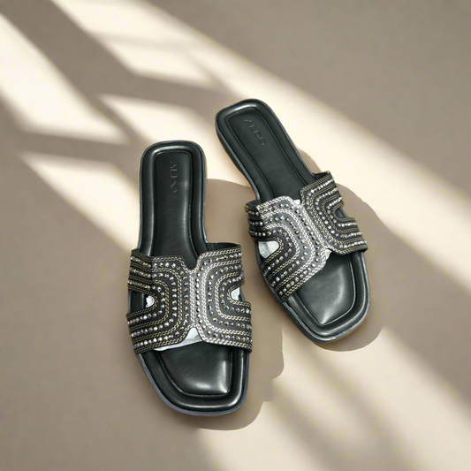 STRAPS RHINESTONE SLIPPERS(BLACK)
