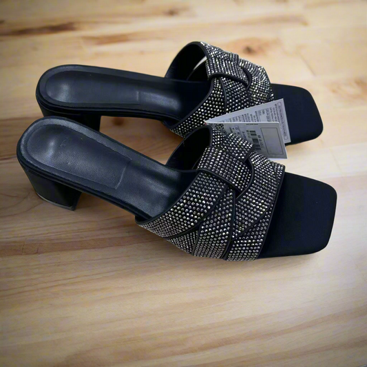 BLACK HEELED SLIDE SANDALS(BLACK)